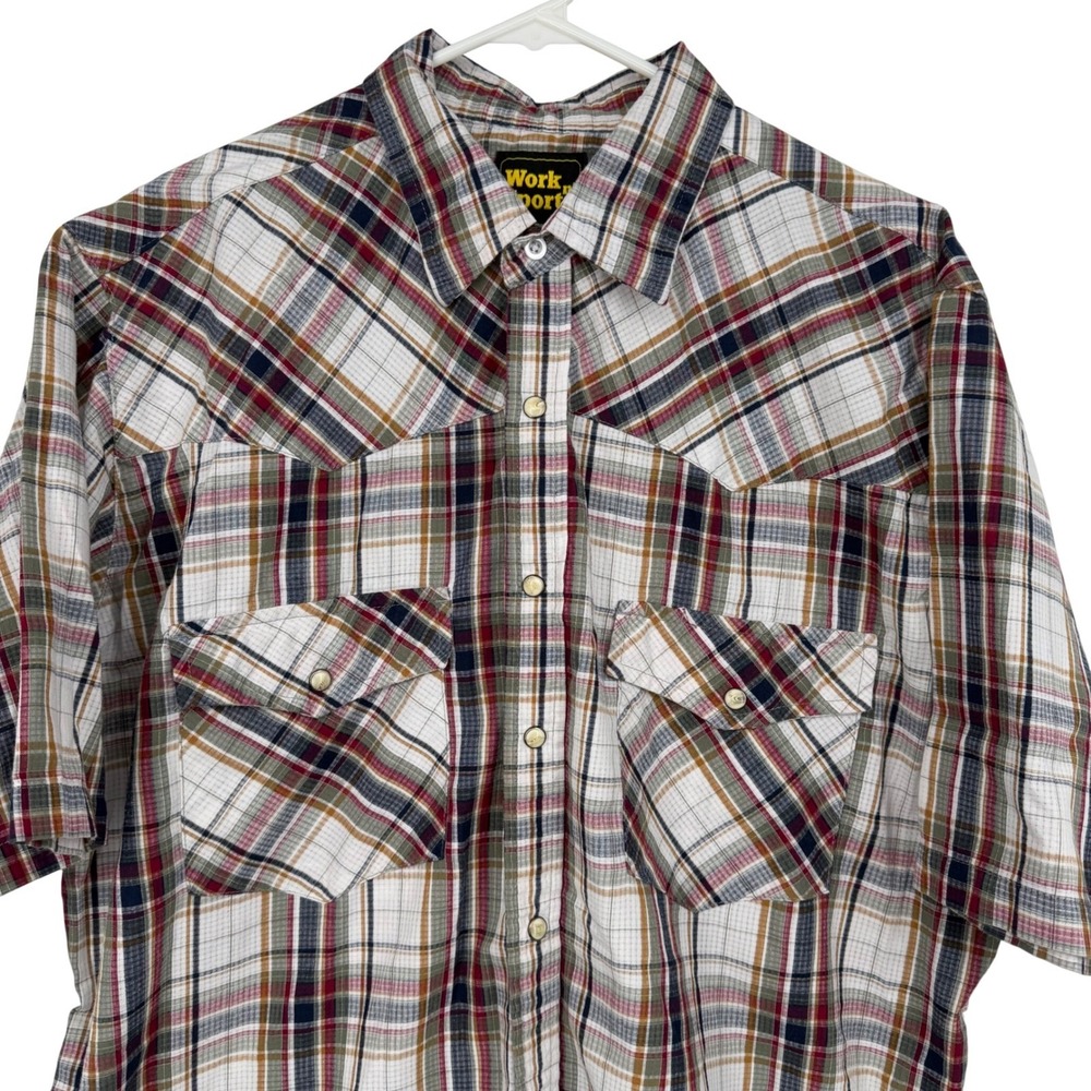 Work n Sport‎ Mens LT Plaid Western Pearl Snap Short Sleeve Shirt Red Navy Tan